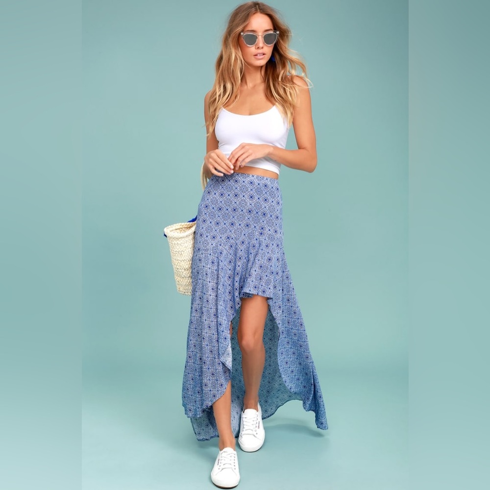 Lulus Mediterranean Beach Blue White High Low Maxi Skirt New with tags Small